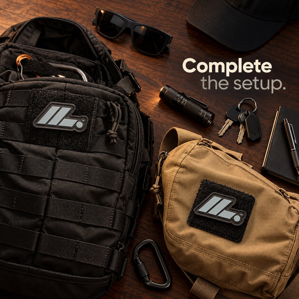 Complete the setup, LIFT. PVC rubber patch on black and tan bags
